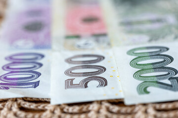 Czech money. Banknotes of 500, 1000, and 2000 Czech korun. Close up. Financial concept. Business background