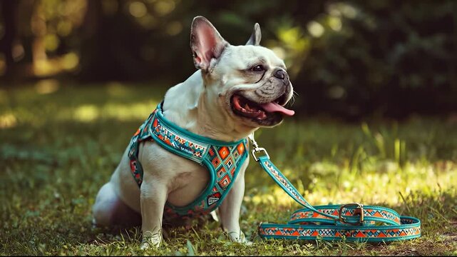 The French bulldog with patterned harness sits on the vibrant grass, showing its cheerful pose. Its patterned harness enhances the French bulldog's charming look on the grass.