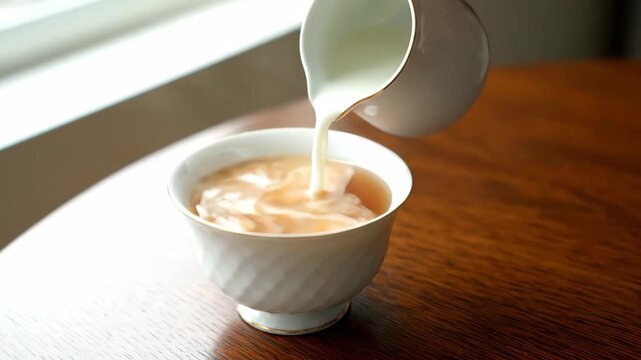 Cream Pouring into Tea Cup - A cup of tea sits on a wooden table as milk is being poured into the tea from a white porcelain pitcher. The milk creates a swirling pattern in the tea.