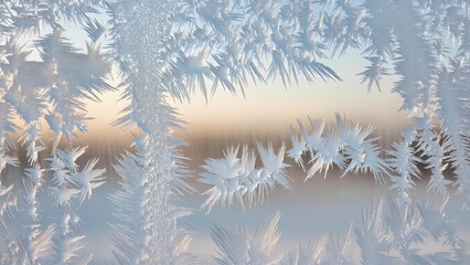 Close-up of frost patterns on window, icy crystals in natural winter light with soft blurred sunset background
