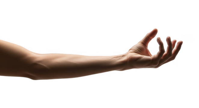 Human arm extended with hand open, isolated on transparent background