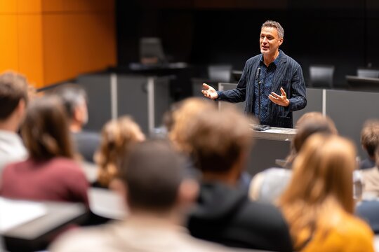 Public speaking event at a university auditorium with an engaged audience listening to the speaker