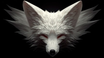 White fox face with glowing red eyes against black background