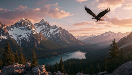 sunset in the mountains and american eagle