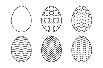 Six outline easter eggs with different decorative patterns for coloring and crafting