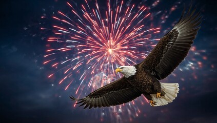 american eagle flying in the sky with fireworks