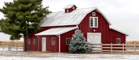 Snow blankets the ground near a red barn and a lush evergreen tree, creating a serene winter scene at early dawn