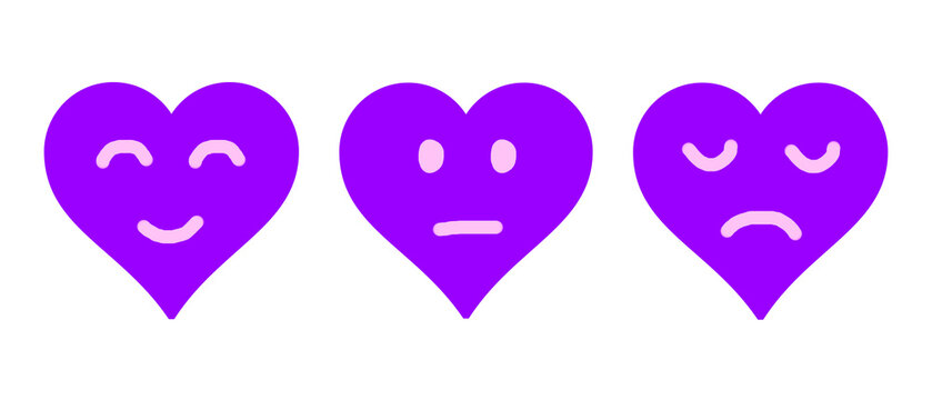 Purple heart emoticons showing happy, neutral and sad moods on transparent background for social media and mood tracking