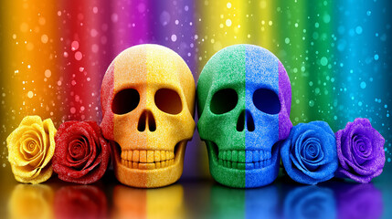 Day of the Dead. Colorful festive Mexican skulls with vibrant roses against a rainbow background, showcasing a lively and artistic celebration of culture and tradition