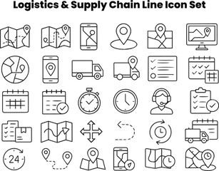 High-quality outline icons combining air, sea, road, and rail transport. Designed to represent global supply-chain connections and multimodal logistics networks. Great for transport companies, infogra
