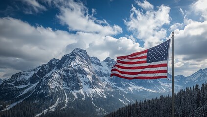 american flag on a snowy mountain