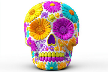 Colorful decorative skull adorned with vibrant flowers, symbolizing Day of the Dead celebration, showcasing traditional artistry and cultural significance