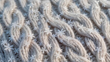 Close-up of knitted wool fabric with snowflakes, soft winter background