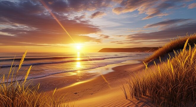 Stunning golden sunset over tranquil ocean waves with tall grass on - Powered by Adobe