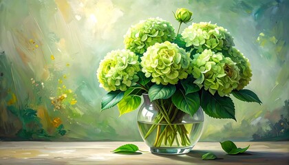 Green hydrangea bouquet in vase, still life
