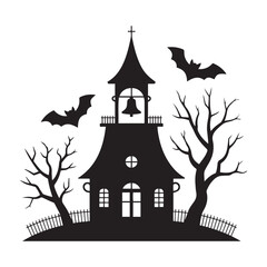 Spooky silhouette of a haunted church with bats flying around bare trees on halloween night