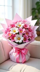 Vibrant Handmade Fuzzy Wire Bouquet Featuring Tulips, Lilies, and Daisies with Pastel Wrapping