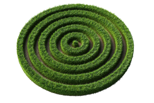Green spiral maze design showcases fresh grass in a circular pattern set on a bright background during daylight hours