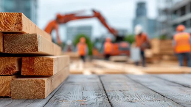 Construction Site Scene: Focus on construction site with a detailed stack of lumber on foreground, a blurry worker and machinery on the back ground.