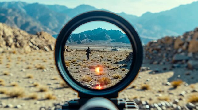 Point-of-view shot through a sniper rifle scope focusing on a distant target across a rugged landscape, creating a tense, cinematic military perspective.
