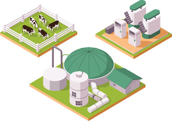 Modern biogas plant with cow farm and energy production units, sustainable renewable energy system for organic waste recycling and electricity generation