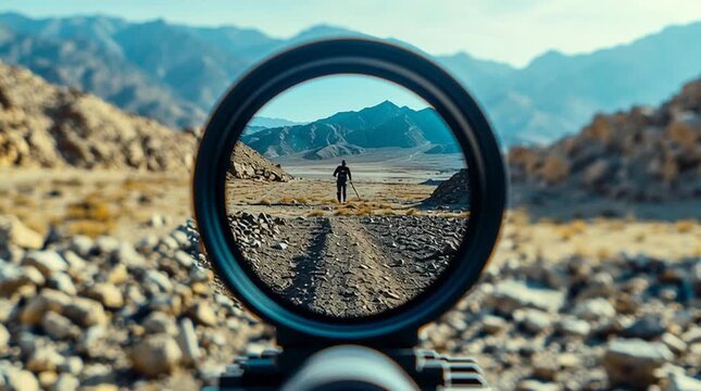 Point-of-view shot through a sniper rifle scope focusing on a distant target across a rugged landscape, creating a tense, cinematic military perspective.
