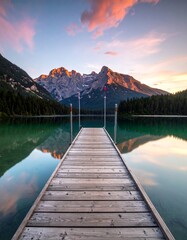 Wooden pier extending into a serene lake at sunrise, reflecting mountains