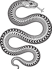 Fototapeta premium Stylized black and white snake with optical illusion pattern on white background serpent reptile