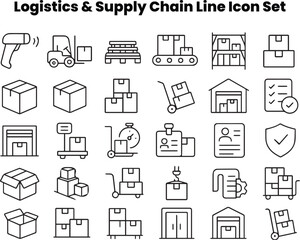 Modern black-and-white line icons illustrating last-mile delivery, couriers, and urban logistics systems. Perfect for apps, maps, packaging, tracking dashboards, and e-commerce designs. Includes expre