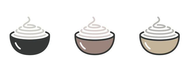 Simple vector icon set of food bowls containing rice or other items with a scoop of creamy topping, representing Asian cuisine, dessert, cereal, or a simple meal.