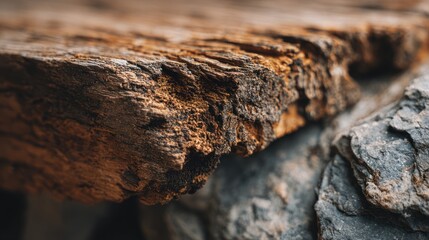 Macro shot of a rustic wooden surface with chipped bark, close up texture of weathered wood and stone edge, perfect for design inspiration and natural decor concepts for brands, bloggers, and editors