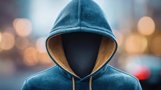 Hooded Figure: A solitary figure shrouded in a dark blue hoodie, their face obscured, stands anonymously against a blurred urban backdrop, creating an air of mystery and intrigue.