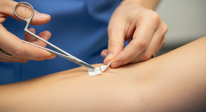 Close-up of a healthcare professional using forceps to apply sterile adhesive suture strips to close a minor cut on a patient's arm