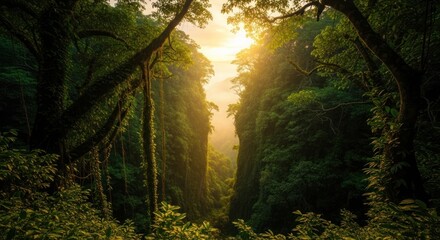 Obraz premium Sunlit chasm unveils lush jungle sanctuary