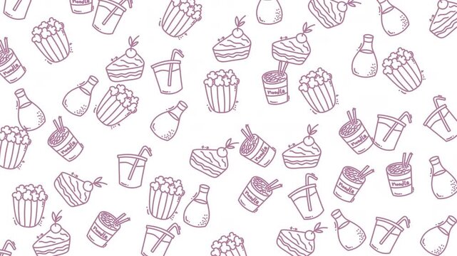 Doodle food pattern with playful fast food doodles for projects. Ideal for menu design, food packaging, and restaurant branding.