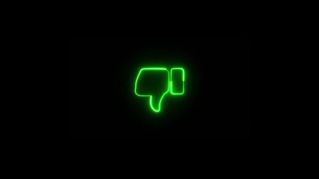 Neon dislike animation icon on black background, Glowing neon social media dislike button symbol.