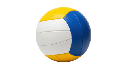 Colorful volleyball with yellow, blue, and white panels on transparent background