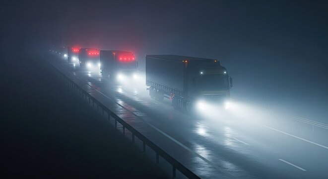 Dynamic convoy of semi trucks driving through dense fog at night
