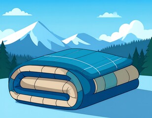 Folded blanket rests on snowy ground, amidst snowy mountains and pine trees. Vivid blue and beige plaid design.  Simple cartoon style