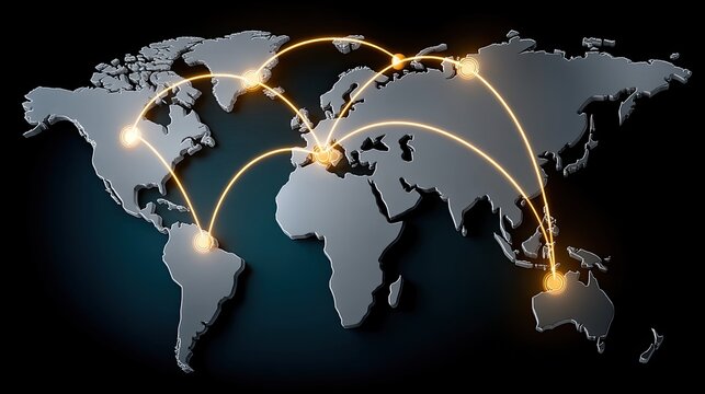Bright lines illustrate connections between regions on a world map, showcasing the flow of information and networks in a dark setting
