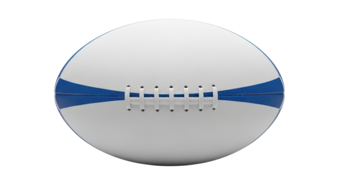Modern blue and white american football ball with stitching on transparent background