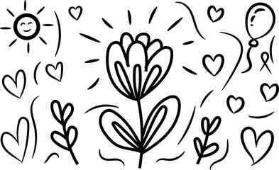 Hand drawn seamless pattern of hearts sun flower and balloon