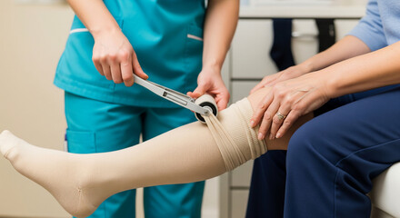 Healthcare professional assists an elderly patient with putting on a medical compression stocking using a special applicator for leg support