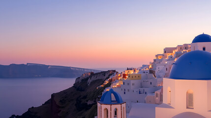 Fototapeta premium Iconic architecture perched along a dramatic cliffside, overlooking the azure waters of the sea during sunset, creating an unforgettable travel scene.