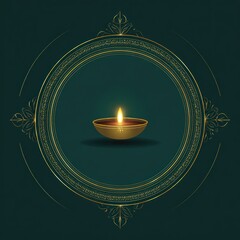 Illuminated diya in ornate circular frame on dark green background
