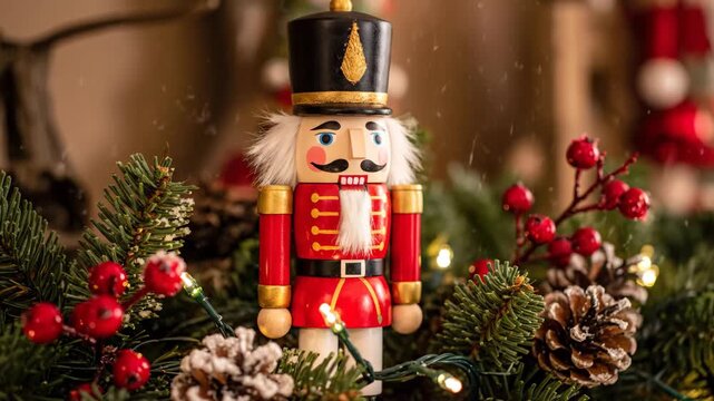 Nutcracker Christmas Decoration - A decorative nutcracker stands among pine branches and red berries with small fairy lights intertwined. The scene evokes a warm, holiday atmosphere.