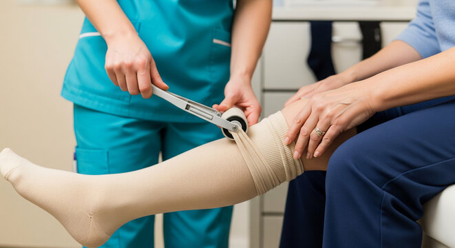 Healthcare professional assists an elderly patient with putting on a medical compression stocking using a special applicator for leg support