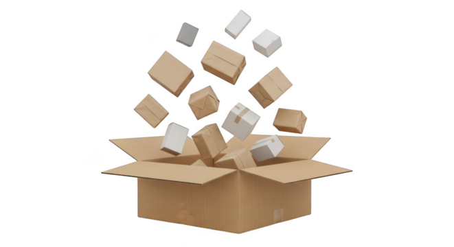 A cardboard box with several smaller boxes floating out of it, isolated on transparent background, representing shipping, delivery, and ecommerce solutions