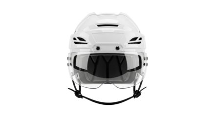White protective hockey helmet with visor on transparent background