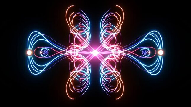 Stylized Feynman diagram with glowing neon paths and particle interaction lines, visualizing quantum physics processes in a futuristic, high-tech, and abstract scientific design.
